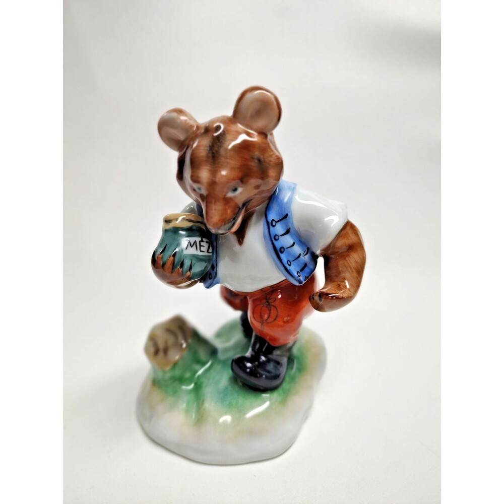 Vintage Herend Bearw Honey Pot Blue Vest Figurine Glossy Hungary 5.5" Tall